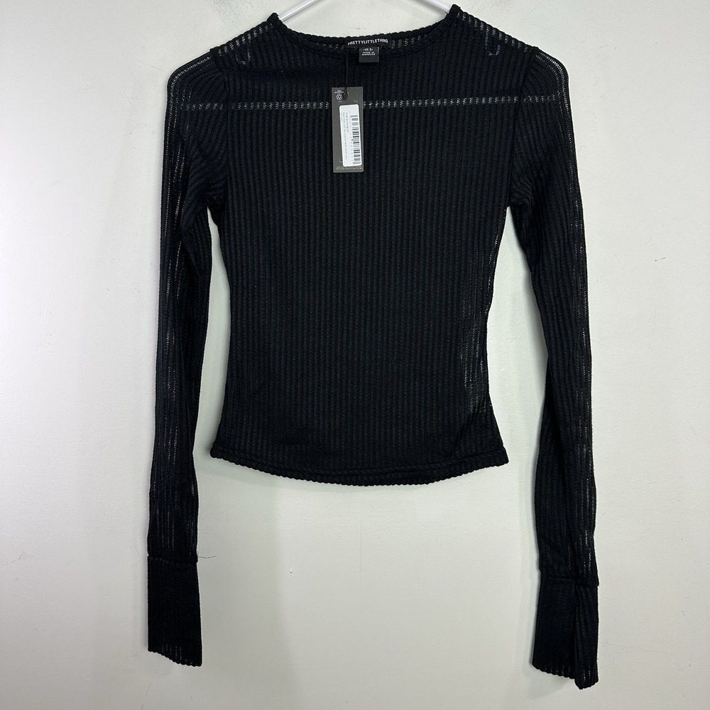 New PrettyLittleThing Top Pullover Black Sheer Soft Rib Long Sleeve Size 4 Boho